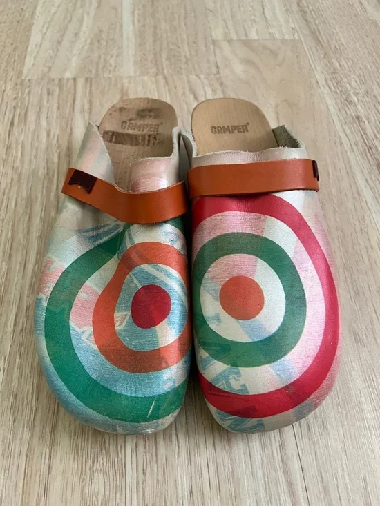 Colorful Camper Wooden Clogs with Orange Strap - Picture 2 of 6